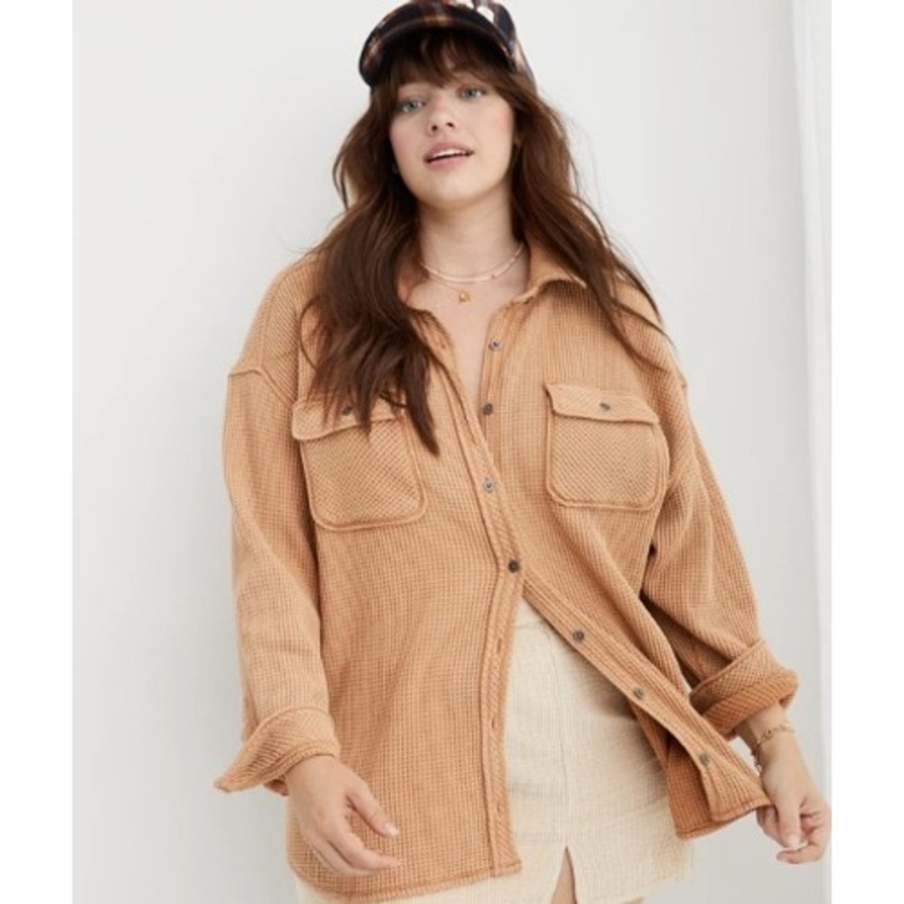 Aerie LumberJane Waffle Knit‎ Button Down Shirt Camel Tan Thermal Shacket L